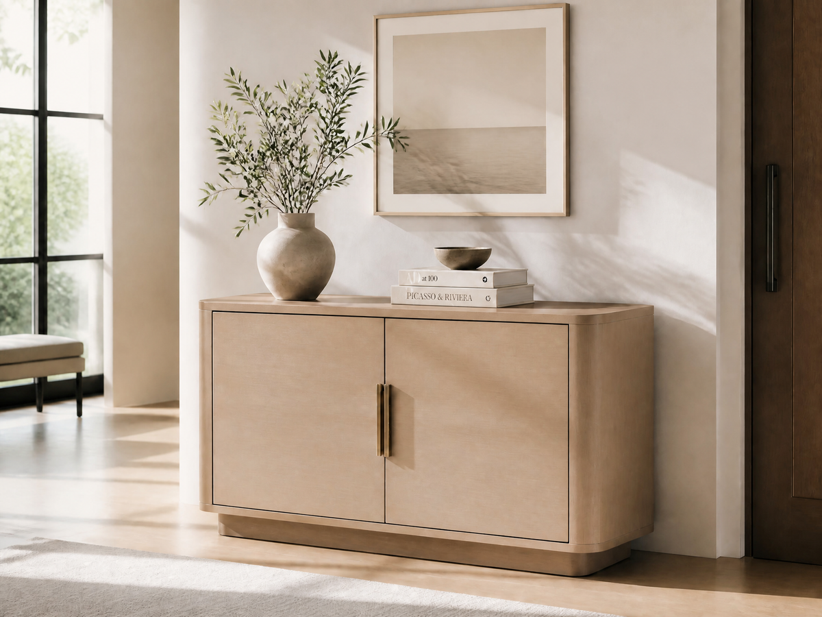 Neutral console with light wood finish.