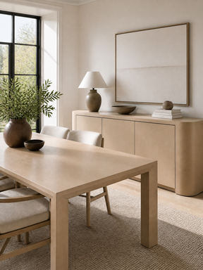 Neutral dining room with a light wood table and sideboard.