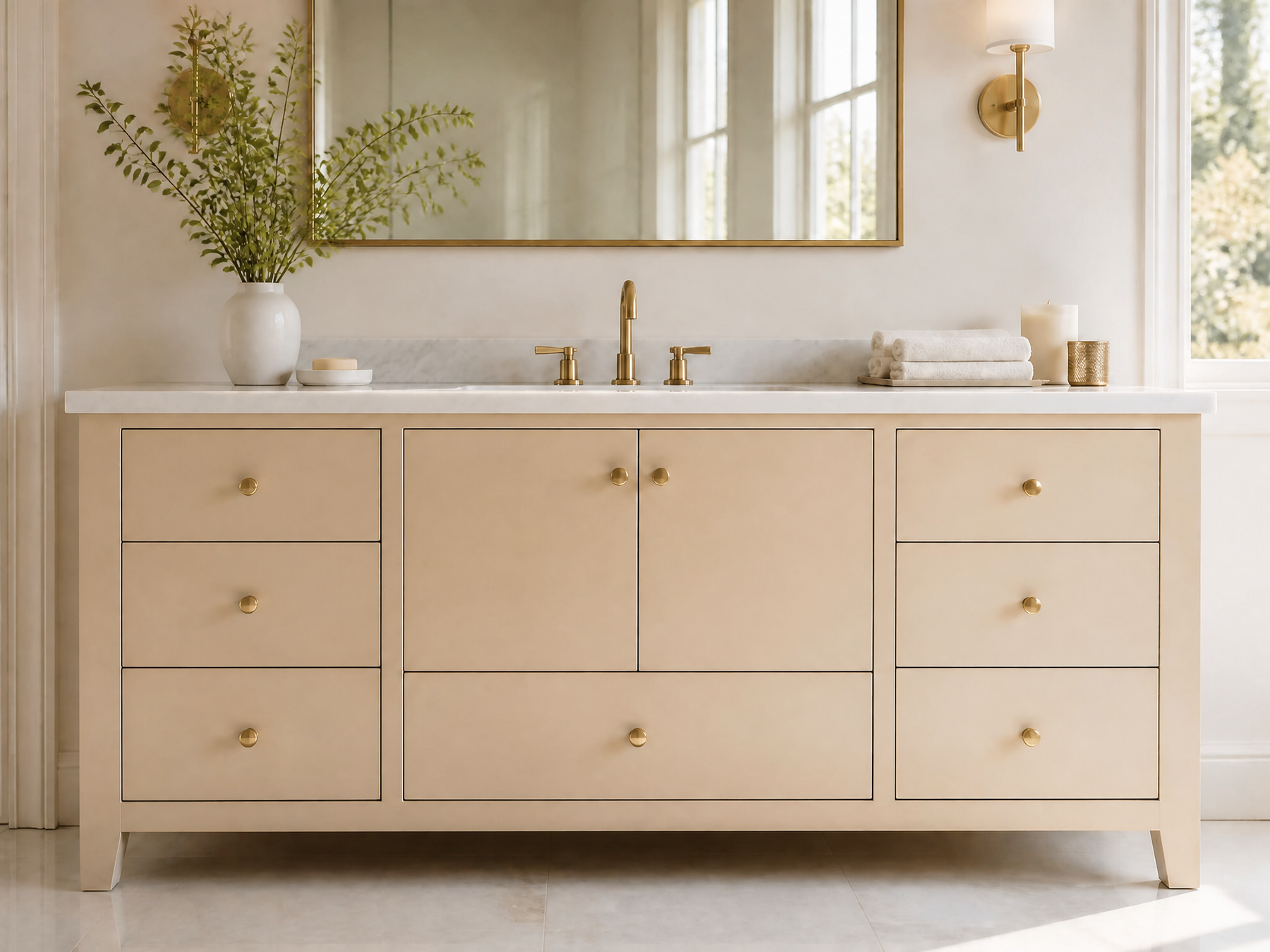 Neutral bathroom vanity with light wood cabinetry and gold accents.
