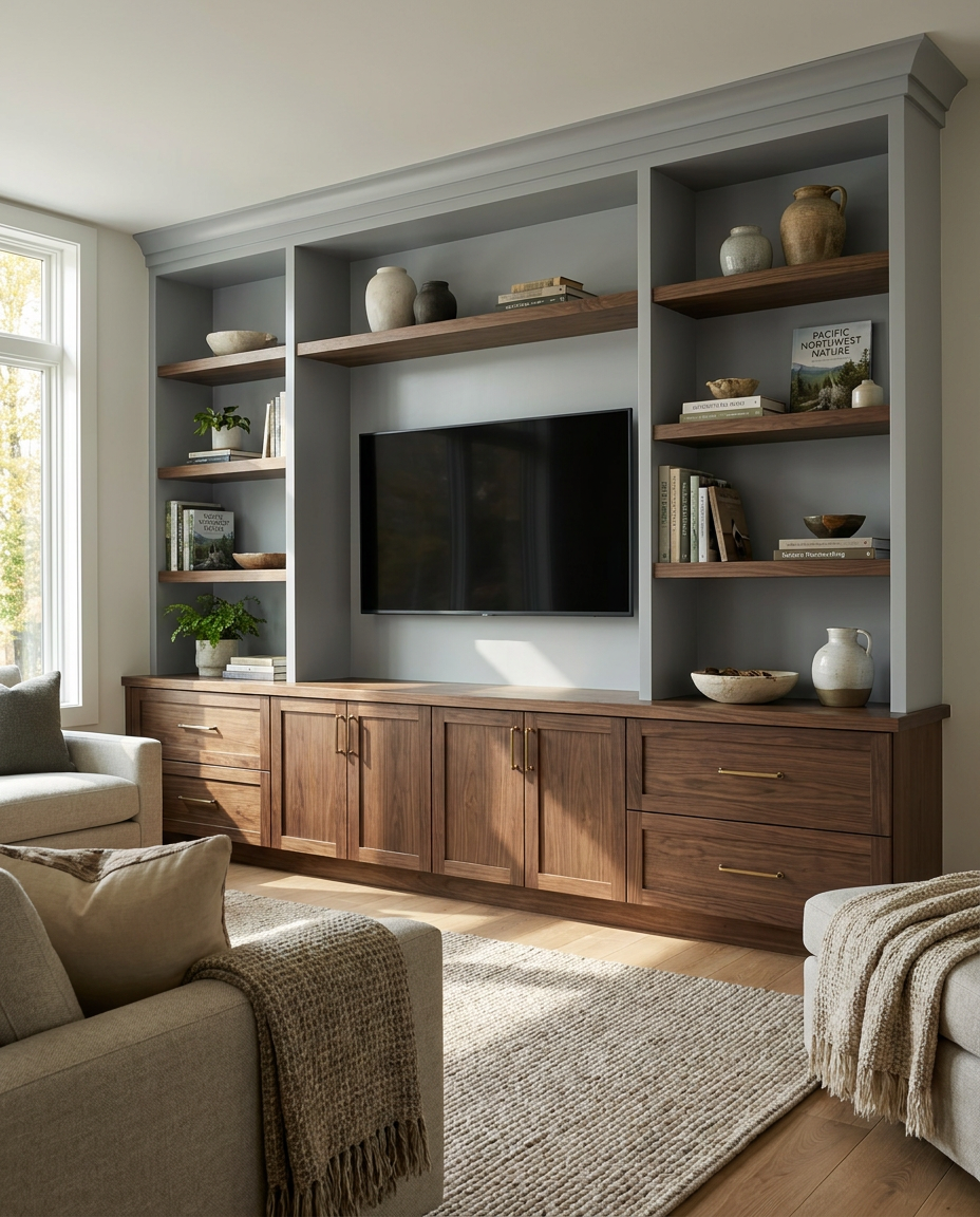 Living room with wooden entertainment center and shelves