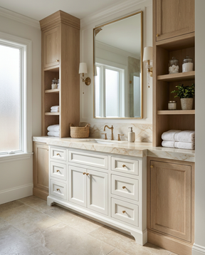 Bathroom vanity with wooden cabinets, marble countertop, and large mirror.