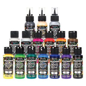 DecoArt stained glass paint complete set with vibrant colors and brushes for creating colorful stained glass art projects.