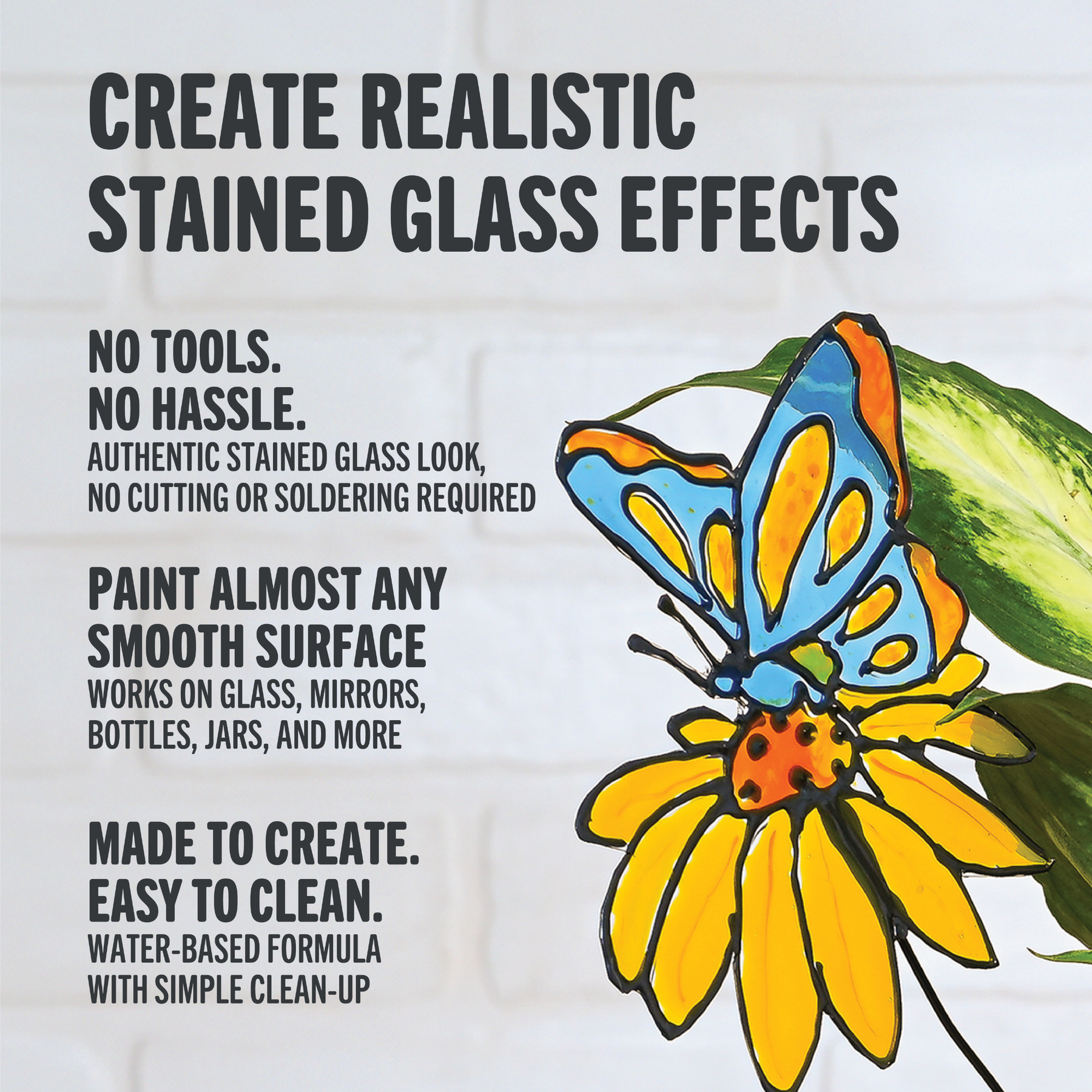 DecoArt stained glass paints set with vibrant colors and brushes for creating colorful stained glass artwork.