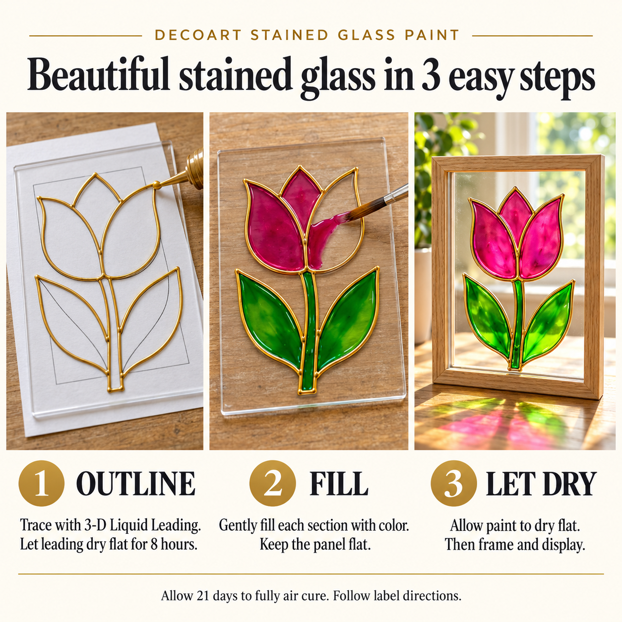 DecoArt Stained Glass Paint in Red, three easy steps guide image