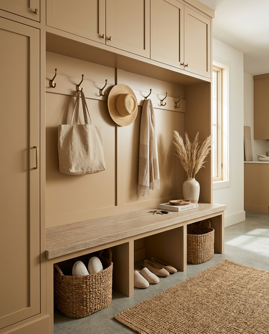 Mudroom with wooden cabinets, hooks, and storage baskets.