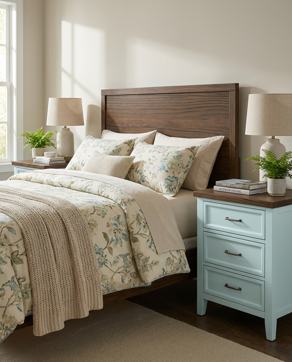 Bedroom with wooden headboard, floral bedding, and light blue nightstand.