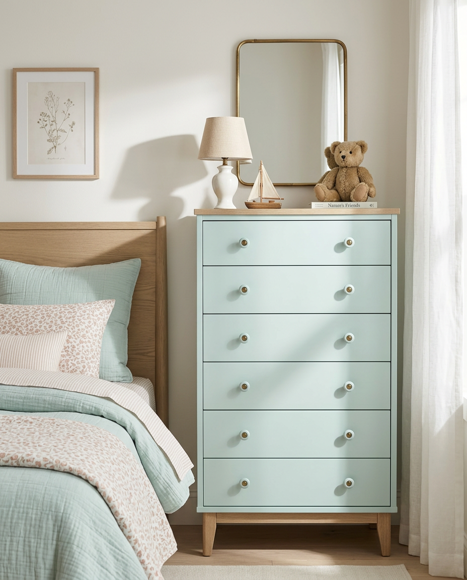 Light blue dresser with decorative items in a bedroom setting
