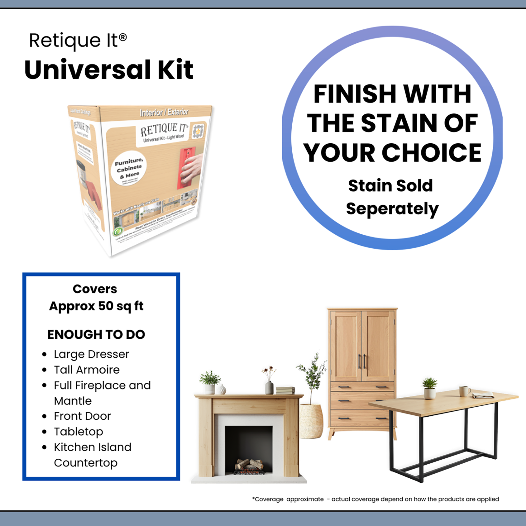 Retique It Universal Liquid Wood Kit in Dark Wood, showing application infographic and product details for wood refinishing.