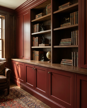 Wooden bookshelf with books and decor in a room with a window and rug.