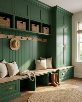 Green mudroom with built-in storage, bench, and hooks.