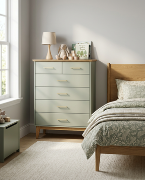 Bedroom with a green dresser and wooden bed